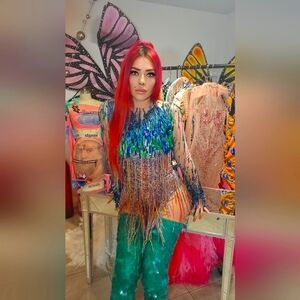 Rainbow fringe leotard and sequin fringe crop top bolero costume